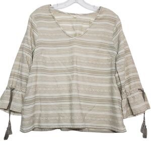Garnet Hill Women's 100% Organic Cotton 3/4 Tassel Sleeve, V-Neck Blouse, Size 8